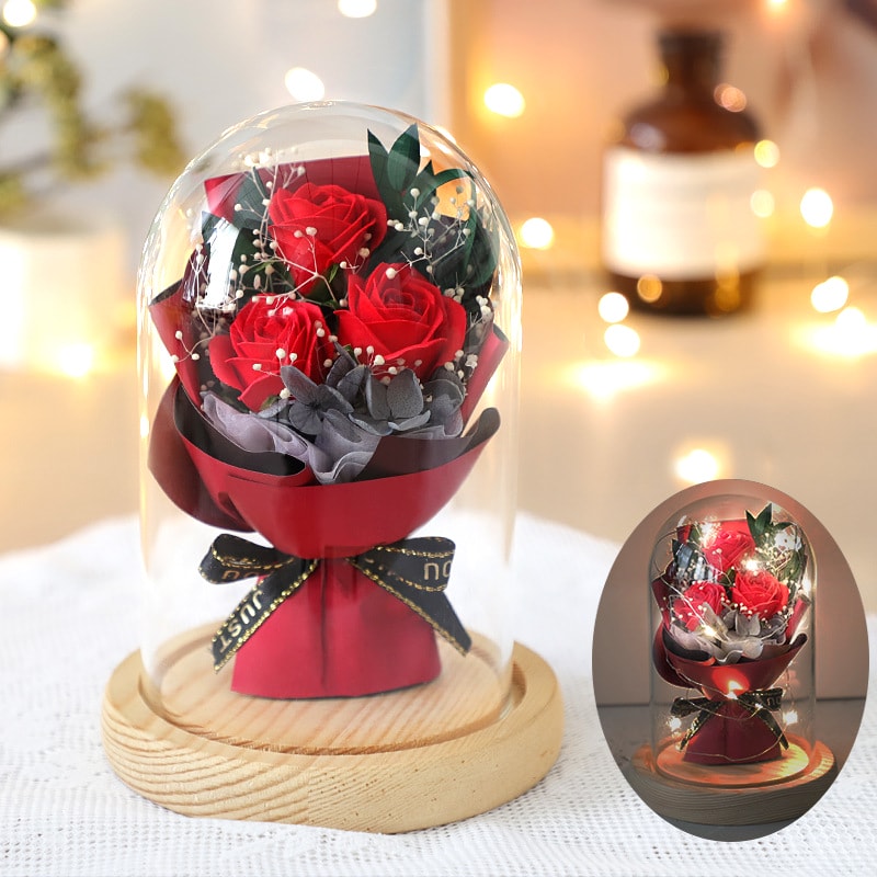 Artificial Rose with LED Light in Glass